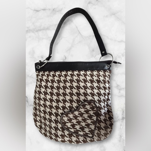 Vintage Houndstooth Fashion Express Brown Cream Satchel Bag Purse Heart Pocket - Picture 5 of 14